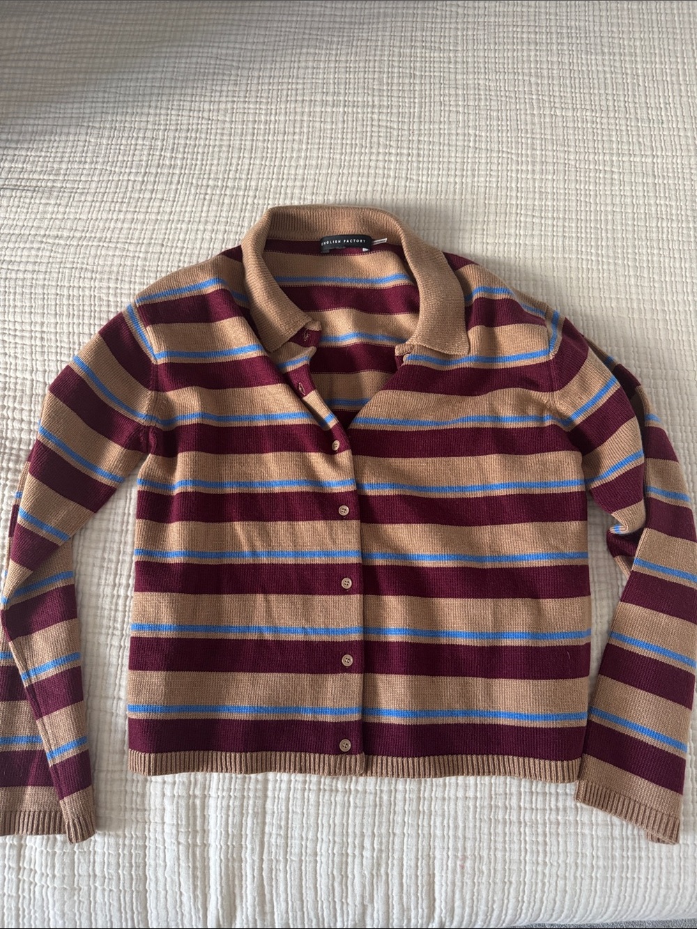 English Factory Striped Button-Front Cotton Sweater - Camel & Burgundy